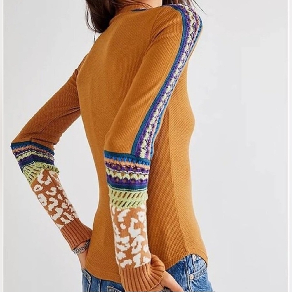 Free People Switch It Up Thermal Patterned Crochet Leopard Sleeves